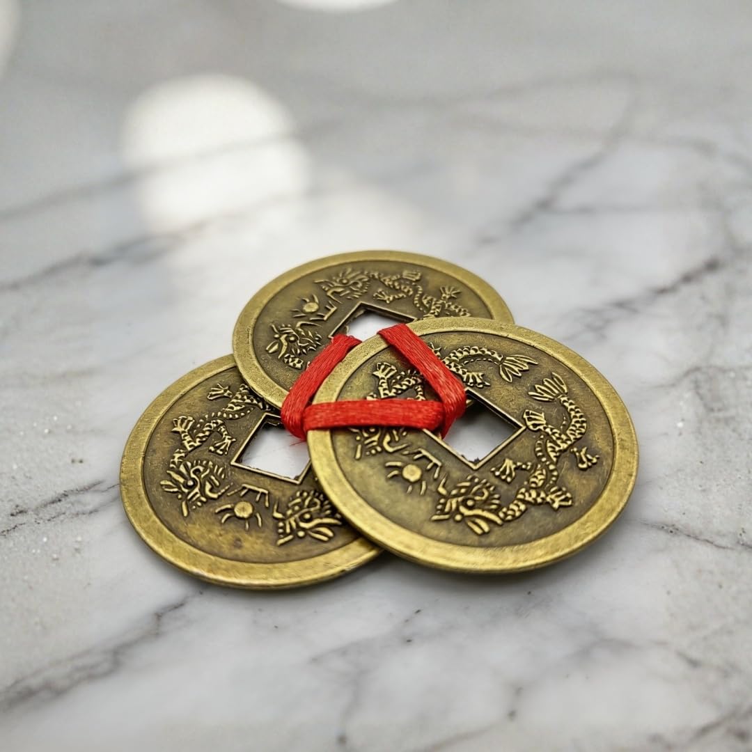 Plus Value Feng Shui Vastu Remedies Dragon Phoenix 3 Chinese Coins Set Brass Wealth, Prosperity, Money, Good Luck (Big Size)-image-18