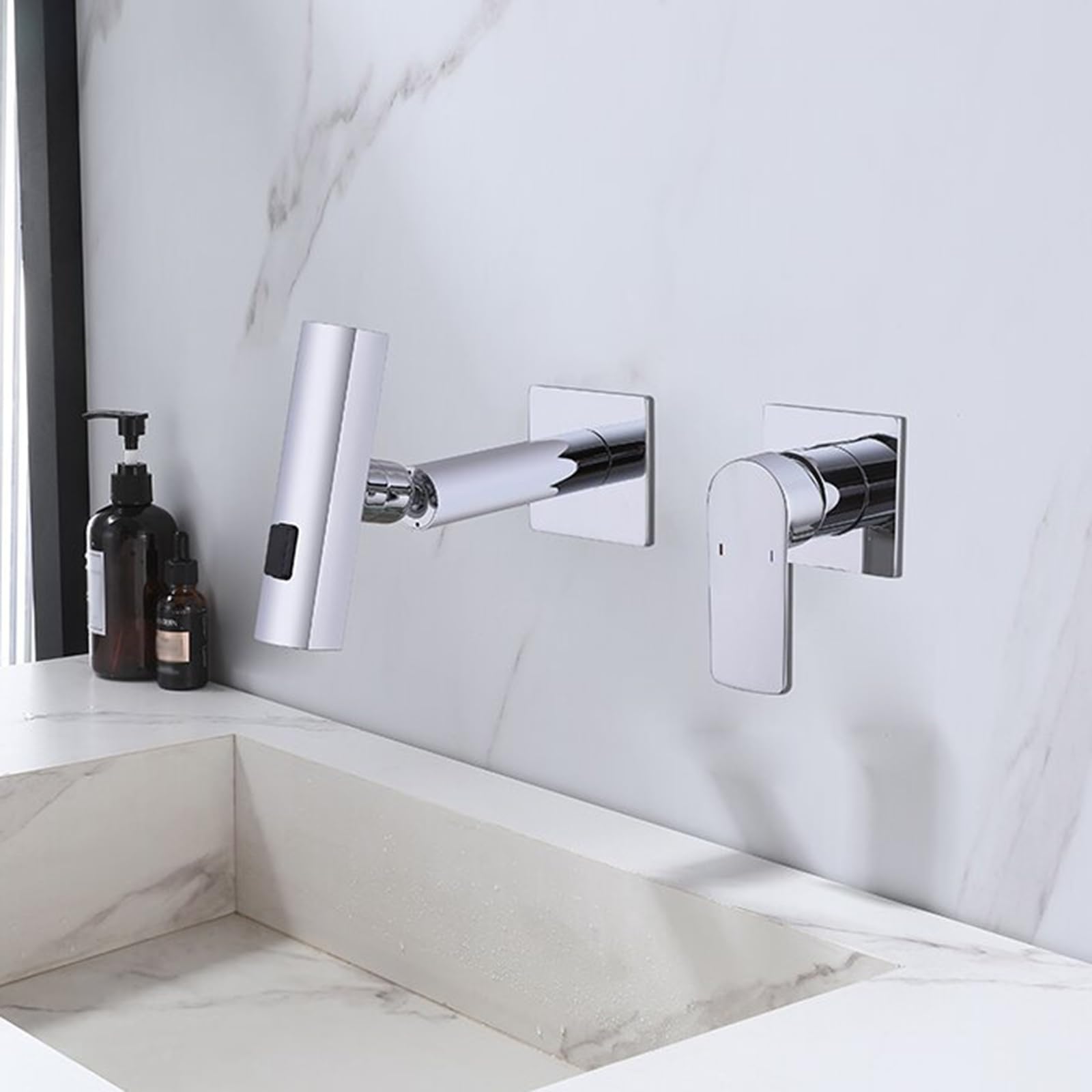 Robinet de lavabo mural noir à cascade avec mitigeur chaud froid 3 modes