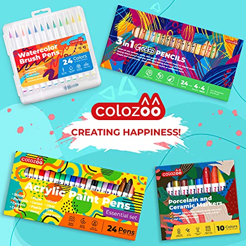 colozoo Set di penne a pennello 24 colori per acquerello + 2 pennelli a serbatoio d'acqua | Penne a pennello con punte flessibili per calligrafia e scrittura a mano