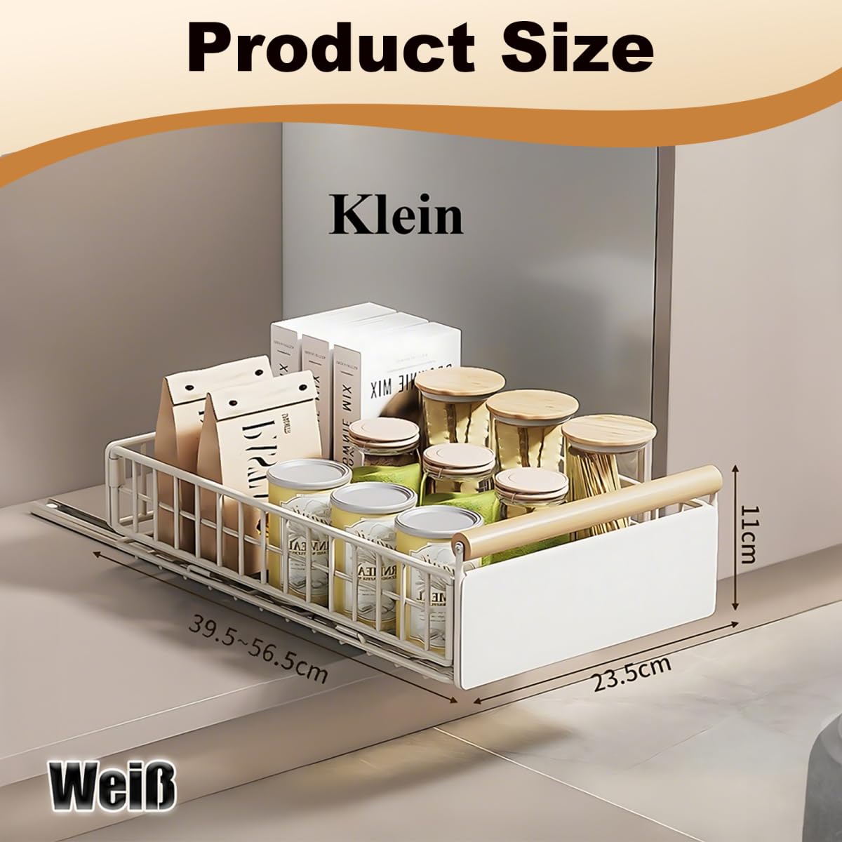 Teleskopschublade, 2PCS Faltbar Ausziehbare Schublade Küche, 23.5*11*39.5~56.5cm, Metall Ausziehbarer Schrank Organizer, Kein Bohren Pull Out Cabinet Drawer Organizer, Küchenschrank Organizer, weiß