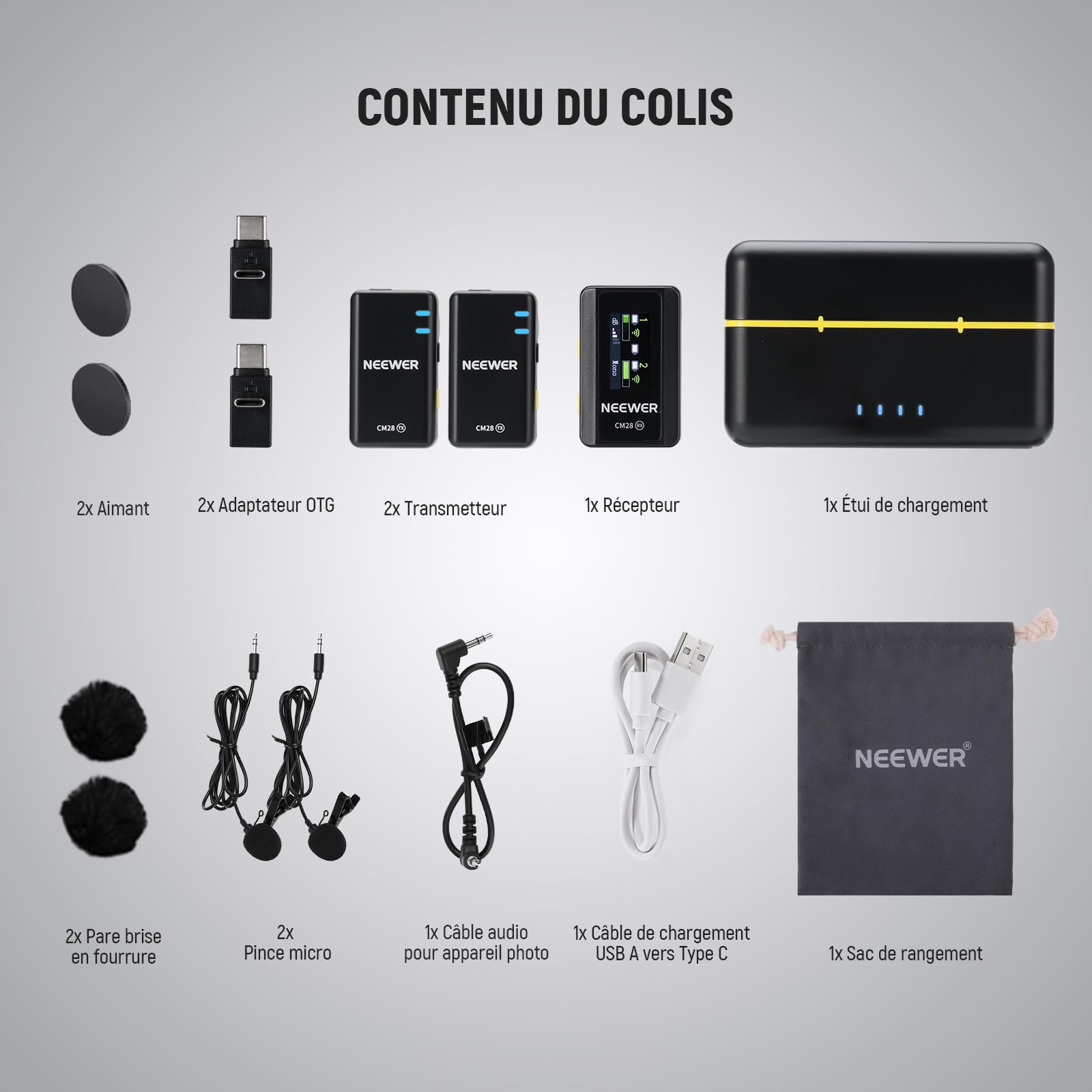 NEEWER CM28 Système de microphone sans fil Lavalier avec étui de chargement, 2 clips de micro, stockage de 4 Go, autonomie de 9 heures, micro-cravate compatible avec iPhone/Android/PC/appareil photo