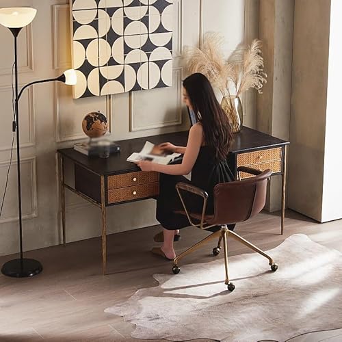 VEXDOSLE Tea Table Computer Desks 152x67x75cm Modern Vintage Metal Desk with Rattan Solid Wood, Furniture for Living Room, Study, Bedroom Coffee Table - Image 3