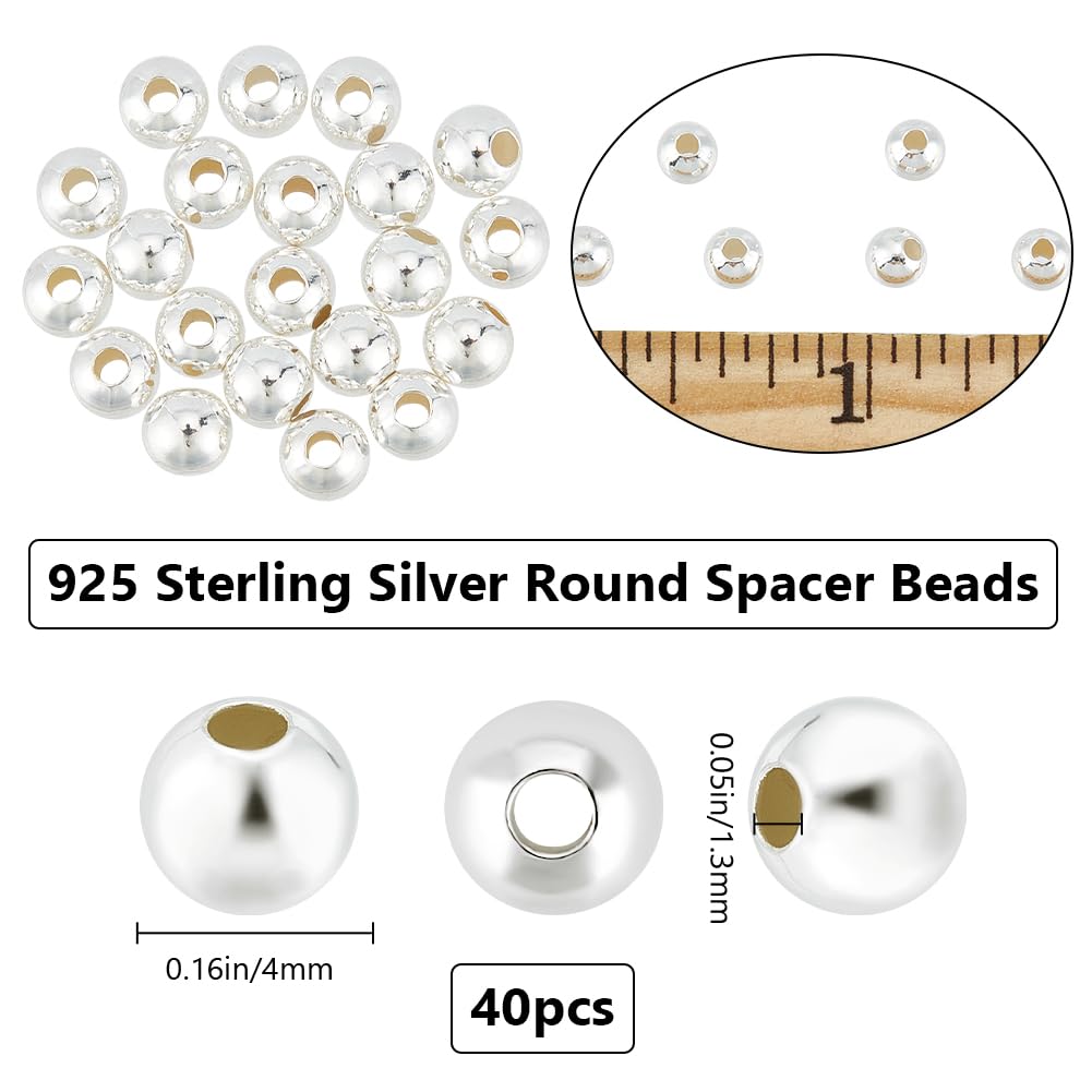 Beebeecraft 1 Box 40Pcs Round Spacer Beads Sterling Silver 4mm Round Smooth Loose Balls Beads for DIY Craft Bracelet Necklace Jewellery Making Supplies - Image 2