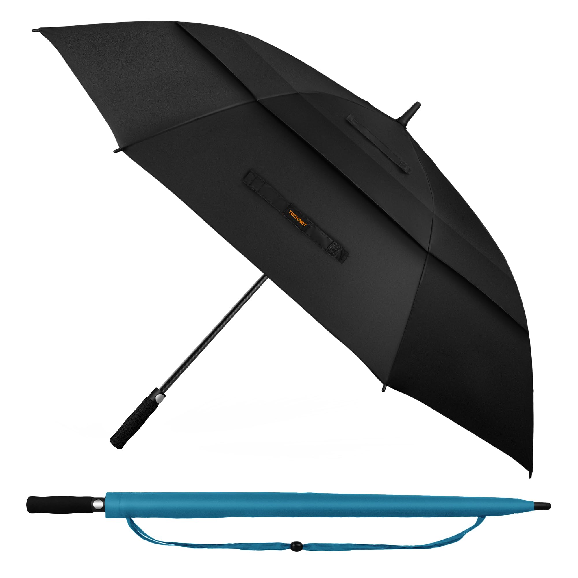 TECKNET Golf Umbrella Large 68 Inch, Windproof Strong Double Canopy Vented, Automatic Open with EVA Grip, Outdoor Sun, Rain, Wind Protection Stick Umbrellas, Black and Cyan