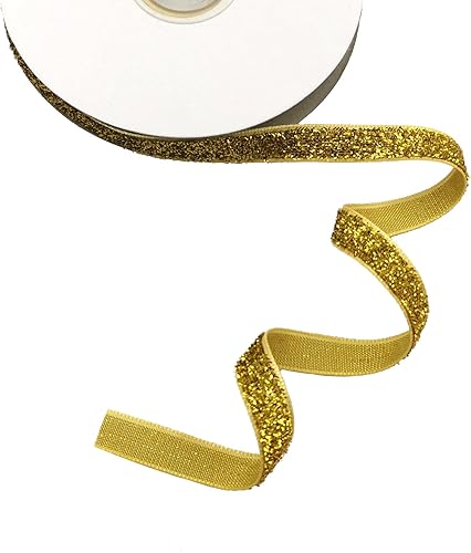 Miniatura 3 de Cinta de terciopelo dorado con purpurina de 0.4 pulgadas x 30 pies, cinta con alambre de terciopelo dorado con purpurina para envolver regalos,