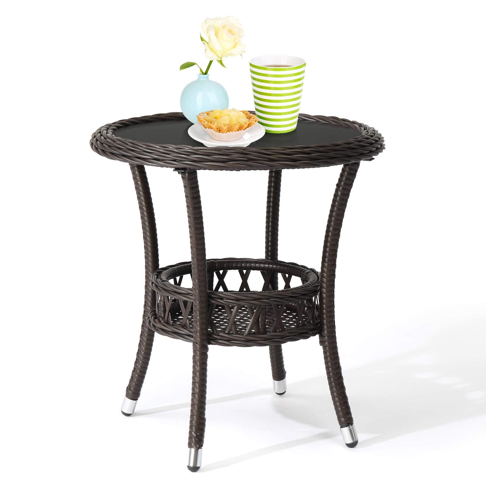 VINGLI Outdoor Wicker Side Table, Patio Side Tables for Outside Tempered Glass Top Wicker Table with Storage End Table for Balcony Porch Deck (Dark