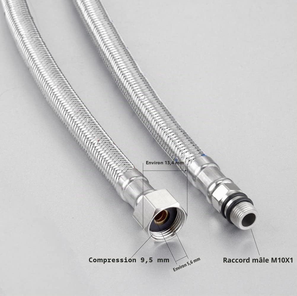 Lot de 2 tuyaux flexibles en acier inoxydable tressé pour robinet monobloc de cuisine/évier - Tuyaux G3/8 x M10 - 600 mm de long