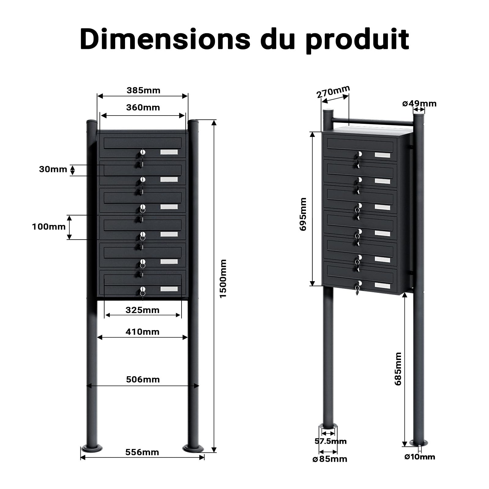 Wiltec Boîte aux Lettres sur Pieds Noire 556 x 270 x 1500 mm, avec 6 Compartiments verrouillables et Porte-nom, Revêtement en Poudre, pour Courrier