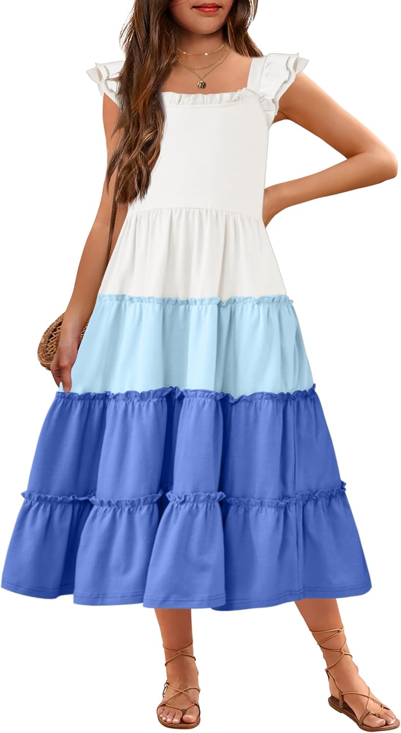 Arshiner Girls Maxi Summer Short Flutter Sleeve Casual Dress with Pockets for 4-14 Y