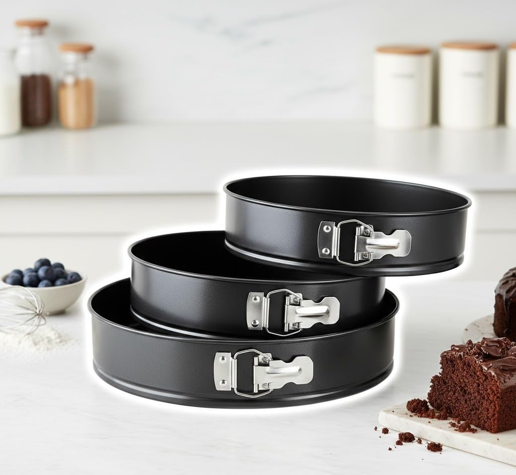 SuperGift.com 3 Piece Springform Baking Pan Set, 22/24/26cm Cake Tins with Loose Base, 6.7cm Deep Round Baking Tins for Cheesecake and Cakes