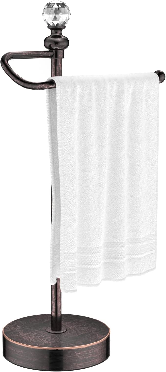 ROLABAM Heavy Weighted Hand Towel Holder(with Crystal Ball) Standing Hand Towel Holder Total Height 15.7'' for Kitchen,Bathroom,Vanity,Classic Decorative Metal Hand Towel Stand,Oil Rubbed Bronze