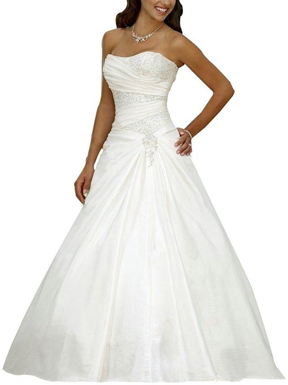 Abiti da Sposa Abiti da Sposa Lungo Principessa Donna Raso a Line Plissettato con Paillettes, Bianco, 34
