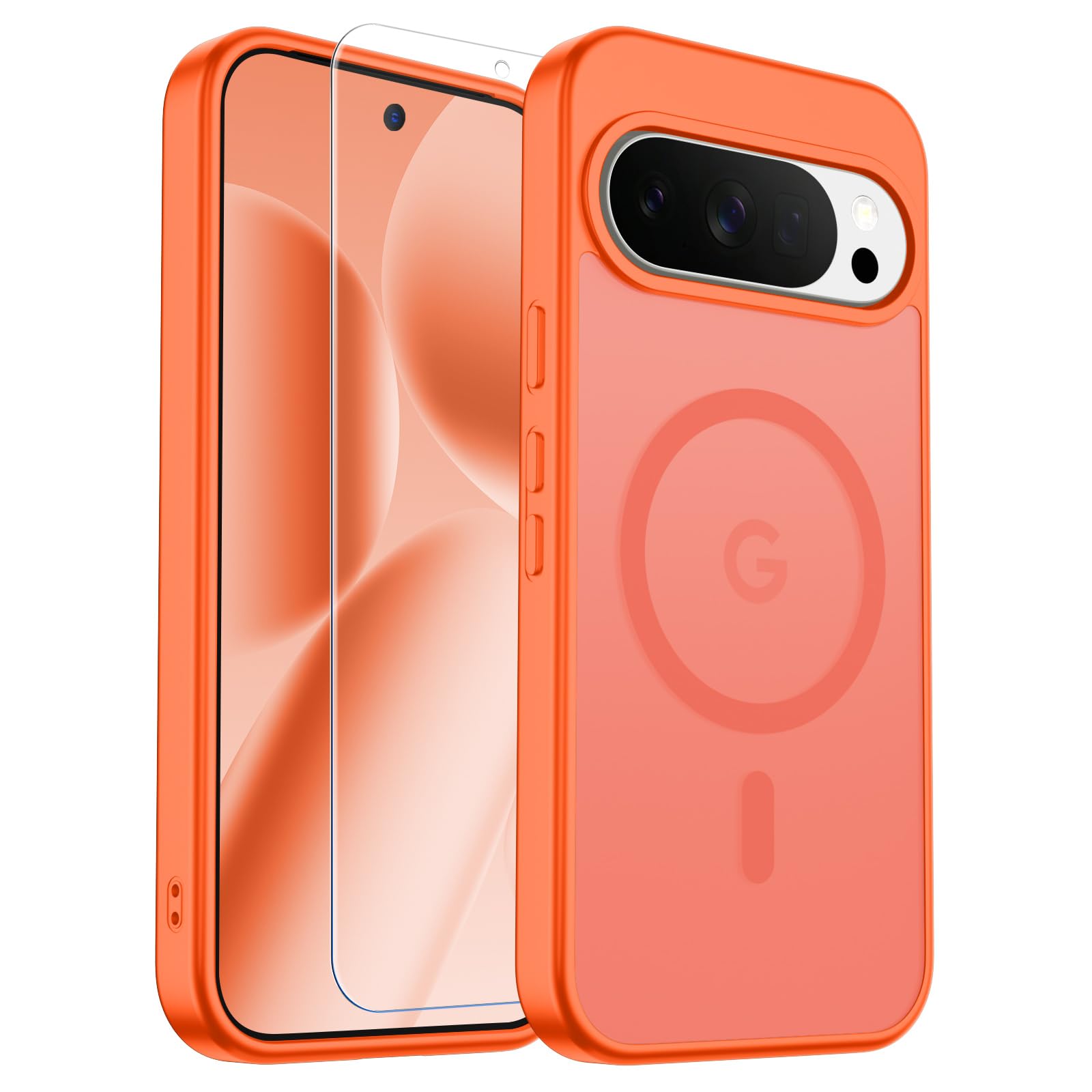 SUPFINE Magnetic for Google Pixel 10 Pro XL Case with Screen Protector, (Built-in Magnets) ((Military Grade Drop Protection) Slim Translucent Shockproof Phone Case,Orange