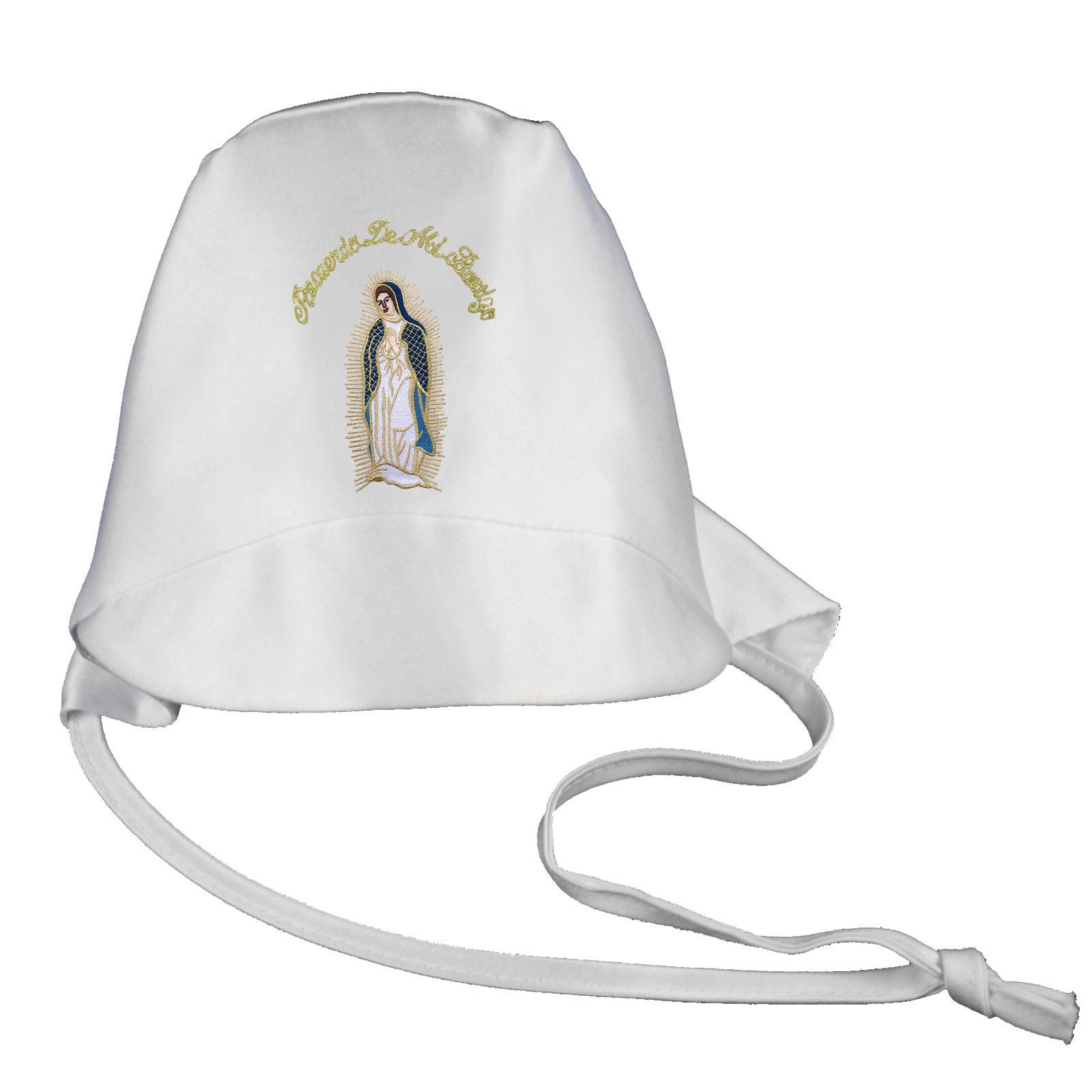 Baby Toddler White Satin Hat for Baptism Christening Gift with Virgin Mary in Gold Silver Colored Sold by Piece (Colored_Gold_Spanish, Size L: 5-7 Years Old)