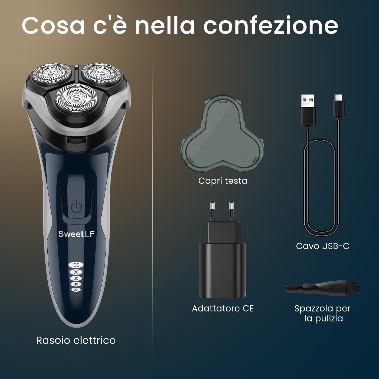 SweetLF Rasoio Elettrico Uomo,Regolabarba con Testine Rotanti 4D, Rasoio Ricaricabile Wet & Dry con Display LED, Rasatura Impermeabile IPX7 Blu Navy (Blu)