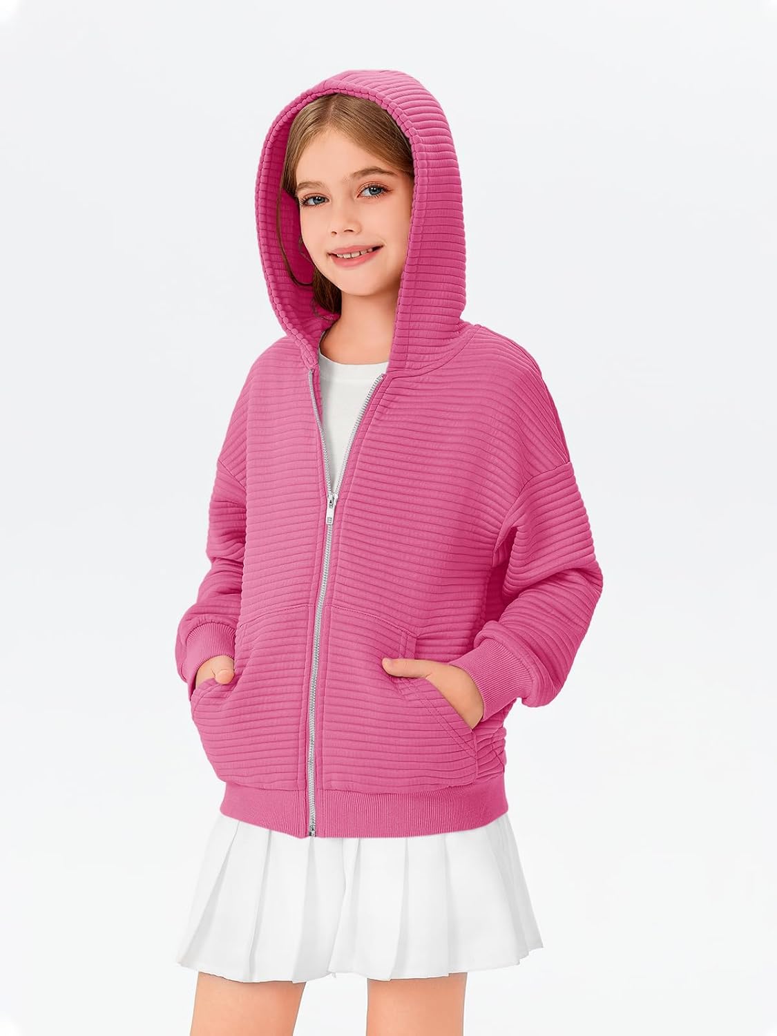 Haloumoning Girls Zip Up Hoodie Kids Fashion Oversized Textured Sweatshirt Jacket with Pockets 5-14 Years - Image 4