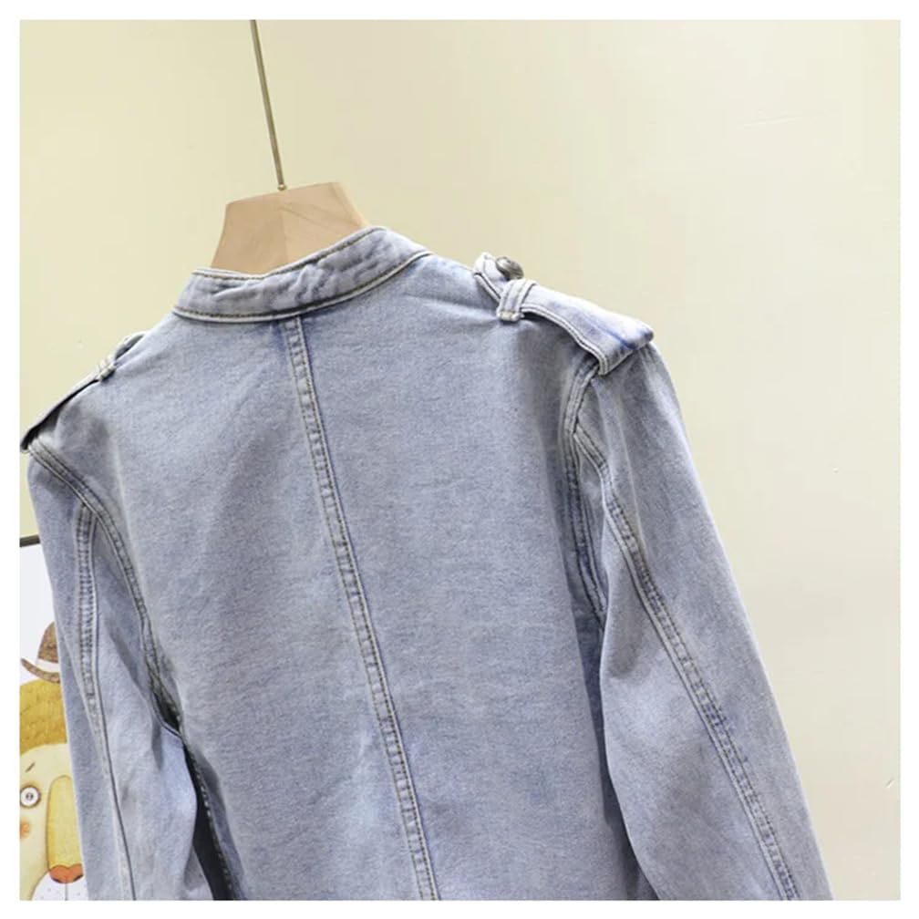 Hndudnff Chaquetas de mezclilla con cuello alto militar para mujer, chaqueta de mezclilla corta de doble botonadura