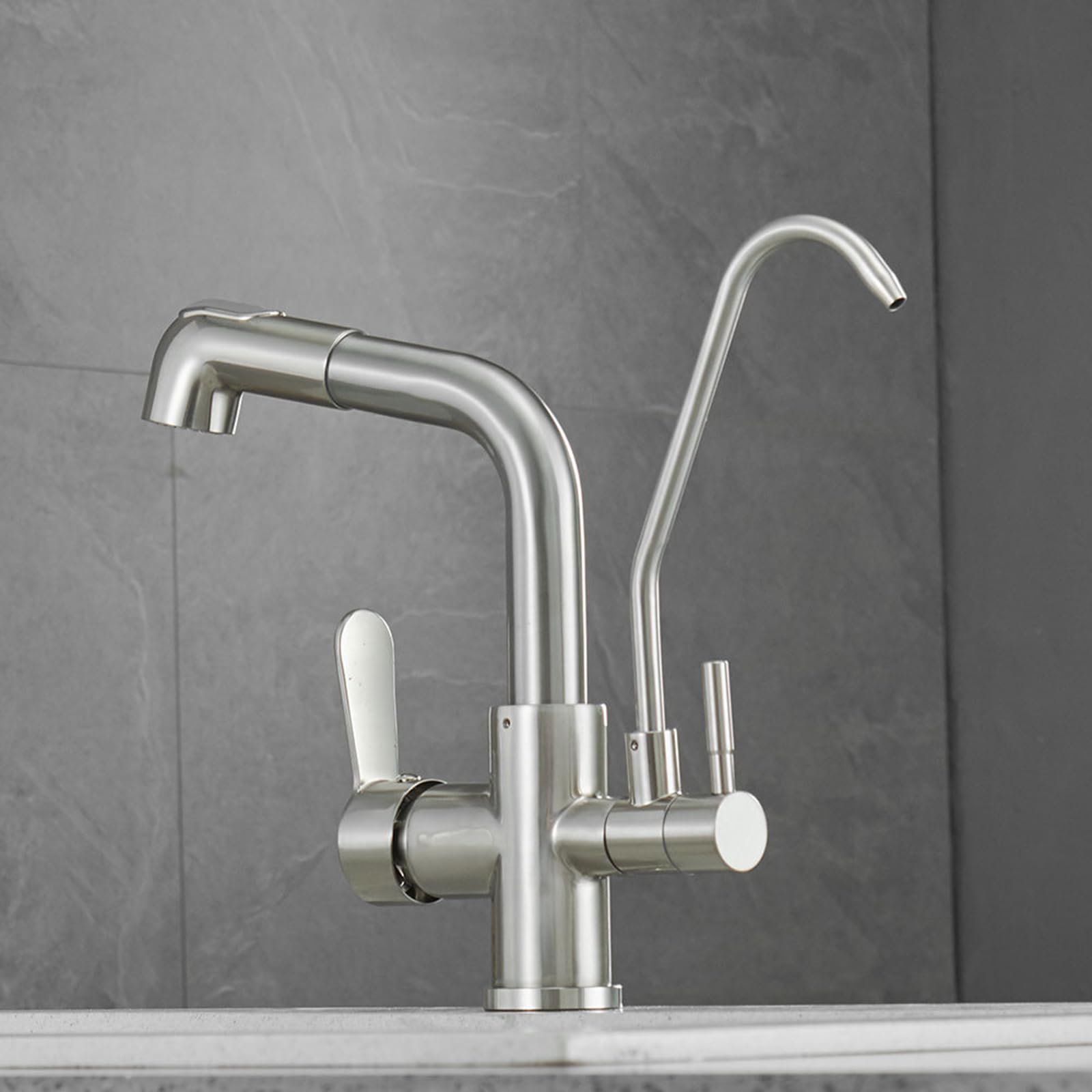 ZYCHSJXA 3 Way Kitchen Tap Pull Out Sink Taps Brass 2 Handles-Brushed