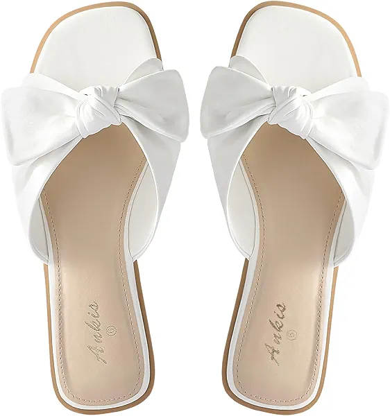 Womens White Black Flat Sandals for Women Dressy Comfortable Summer Beach Sandals for Women 2025 Cute Bow Square Open Toe Slip On Slide Sandals Bridal Wedding Shoes