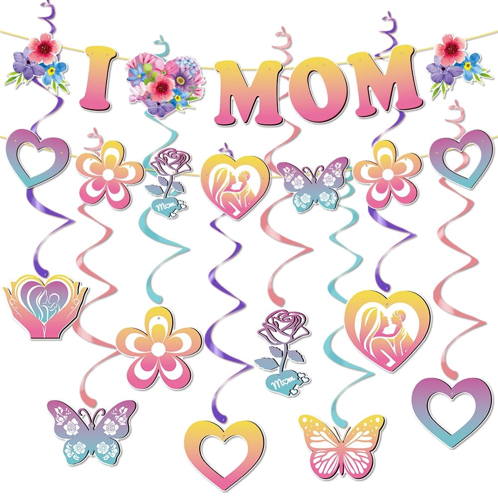 U-HOOMEMom‘s Birthday Party Decorations, Happy Mother's Day Banner Pink Hanging Swirls Decorations Mothers Day Sign Banner Decorations for Mom's Birthday Party Photo Props Backdrops