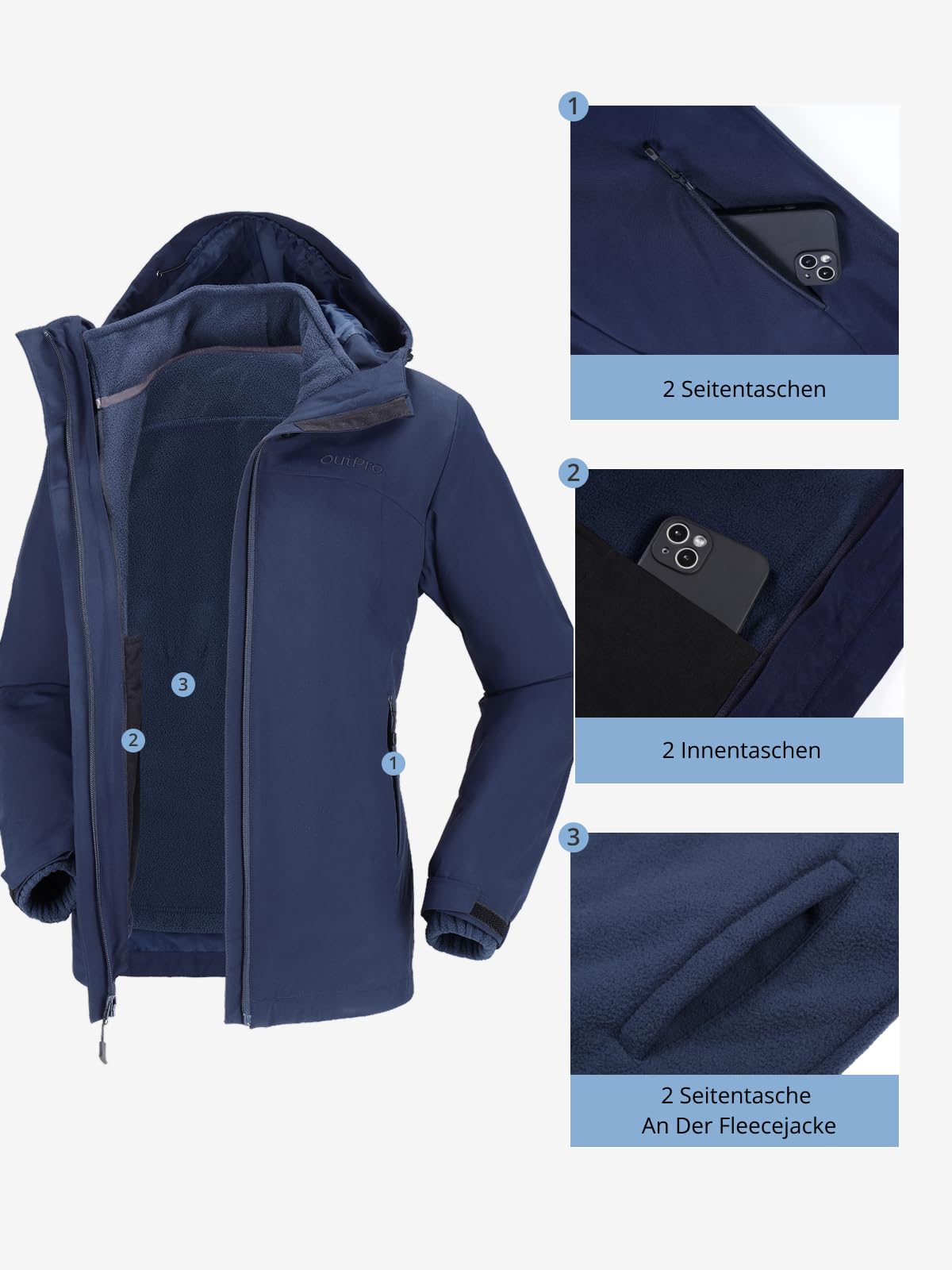 OutPro Giacca invernale 3 in 1 da donna, impermeabile, antivento, giacca da sci per attività all'aria aperta, foderata in pile, a doppio strato, con cappuccio rimovibile, per sci, alpinismo, viaggi