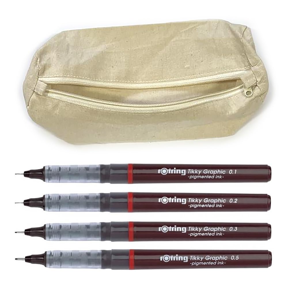 rOtring Tikky graphic fineliner pen set – 4 black ink tips (0.1, 0.2, 0.3, 0.5 mm) + eco cotton pencil case | waterproof, pigmented, long-lasting