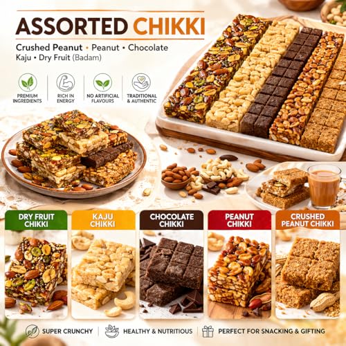 Image of LONAVALA FOODS Famous Assorted & Dry Fruit Chikki Box - 200 grams, 24 Pieces | No Added Preservatives & Colours | Crushed Peanut, Peanut,Chocolate, Kaju & Badam Chikki Sweet Indian Assorted Gajak Bars