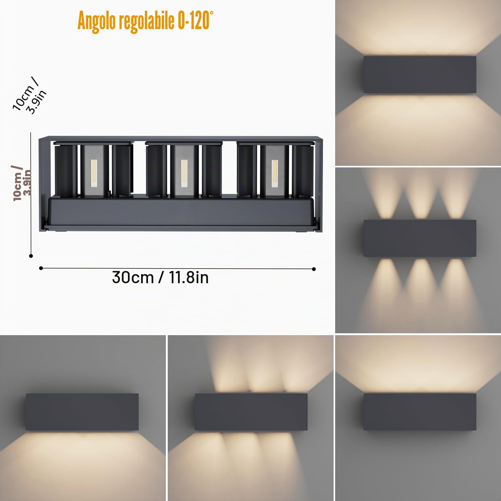 Klighten lampade da parete 30W Esterno/Interno Moderno,lampada da esterno Bianco Caldo 4000K Applique da Parete,IP65 Impermeabile,Angolo del Fascio Regolabile Applique(Antracite)