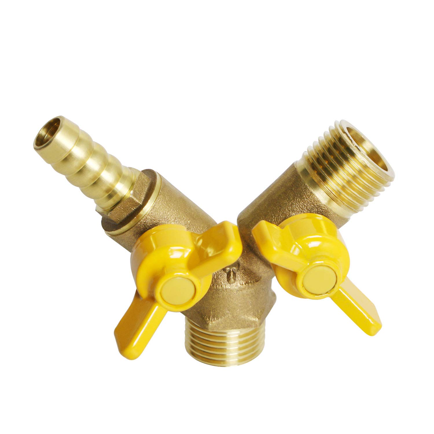 Aopin 3 Way Ball Valve Brass G 1/2" Male Thread x G 1/2" Male Thread x 11mm / 9/20 Hose Barb Valve with Vinyl Handle, Suitable for PEX, Copper, HDPE1 Piece