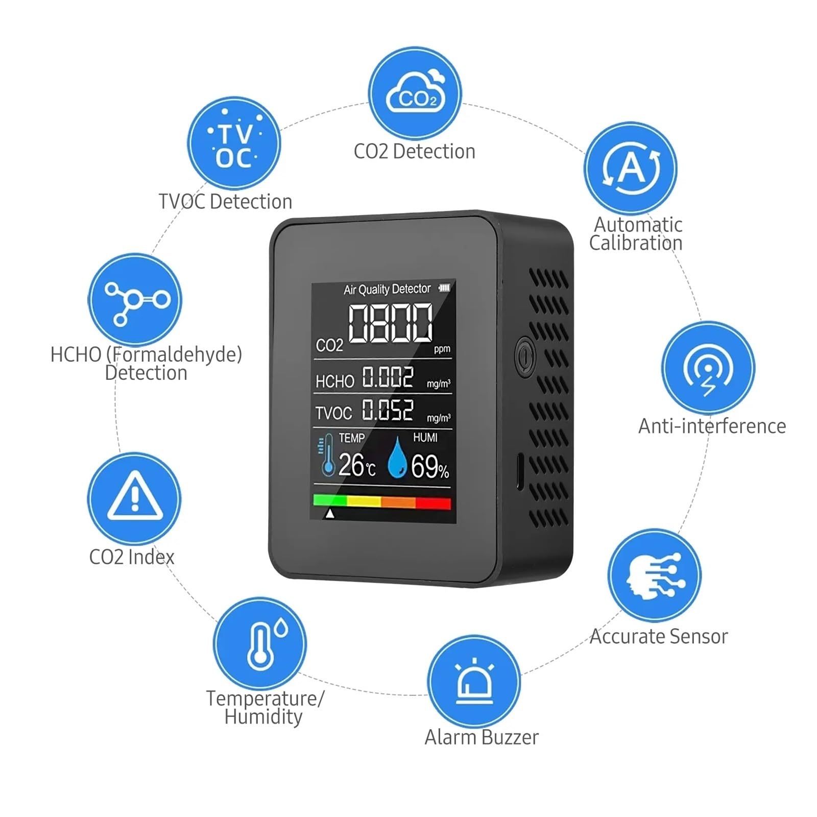 Monitor Della Qualità Aria 5 In 1 Rilevatore Di CO2 For Interni Formaldeide HCHO TVOC Tester LCD Umidità Temperatura Allarme Misuratore(Black)