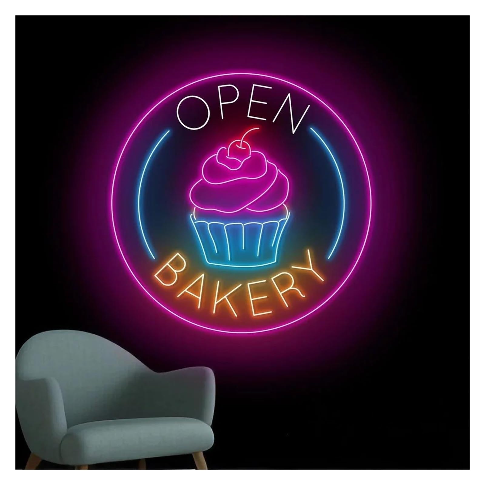 LEMST Signs Lamp Open Bakery Business Logo Neon Signs USB Powered Adjustable Cupcake Letter Neon Lights Suitable for Shop Wall Hanging Decor(50cmx50cm)