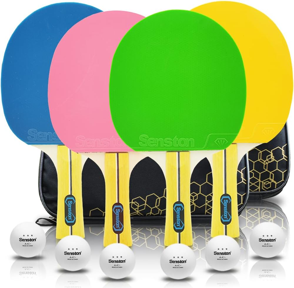 Senston Ping Pong Paddles Set of 4-Colorful Table Tennis Paddles Set with 6 Balls and 2 Storage Case for Indoor/Outdoor Play, Training, Family Games