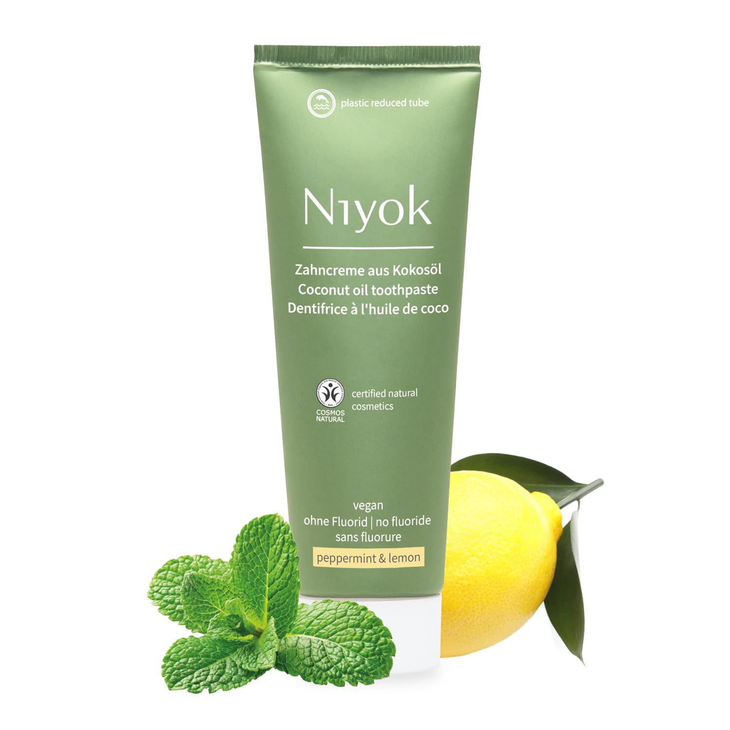 Niyok® Dentifrice à l'huile de coco bio « Menthe poivrée et citron » (75 ml) • Dentifrice naturel pour des dents blanches • Soin intensif & fraîcheur • Protège les gencives • Sans fluorure et
