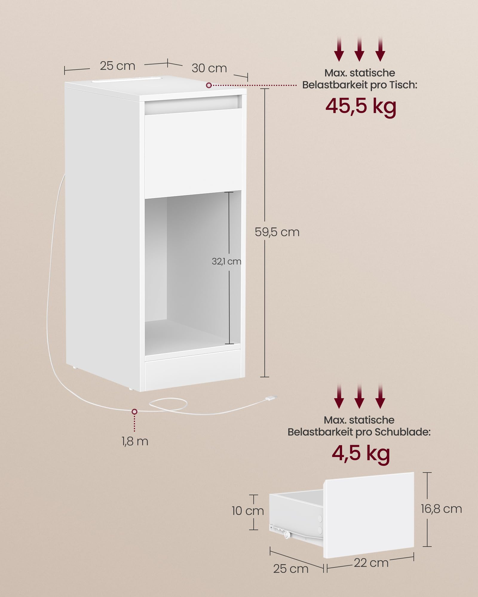 VASAGLE Nachttisch 2er Set, schmal, Beistelltisch, LED-Beleuchtung, 1 USB-A-Anschluss, 1 USB-C-Anschluss, Schublade, offenes Fach, für Schlafzimmer, Wohnzimmer, wolkenweiß LET710W01
