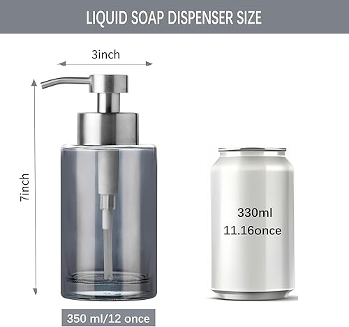 Miniatura 6 de Dispensador de jabón de vidrio grueso con bomba de acero inoxidable, dispensadores de jabón líquido de mano de baño de 12 onzas, dispensador de