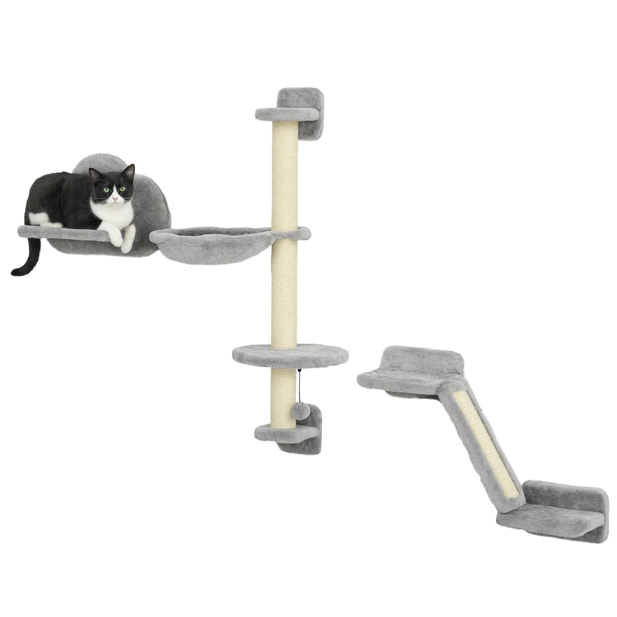 PawHut Mensole per gatti a parete 3 pezzi amaca scala gatti grandi grigio