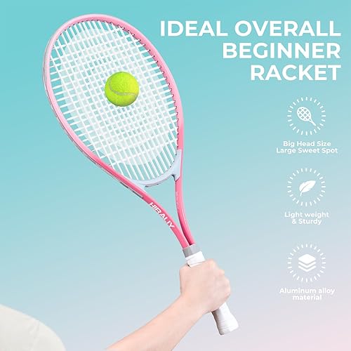 Vista 3 de HIRALIY Juego de raquetas de tenis de 27 pulgadas para adultos, raquetas de tenis preencordadas para 2 jugadores, 2 cintas de sobreagarre, 3 pelotas