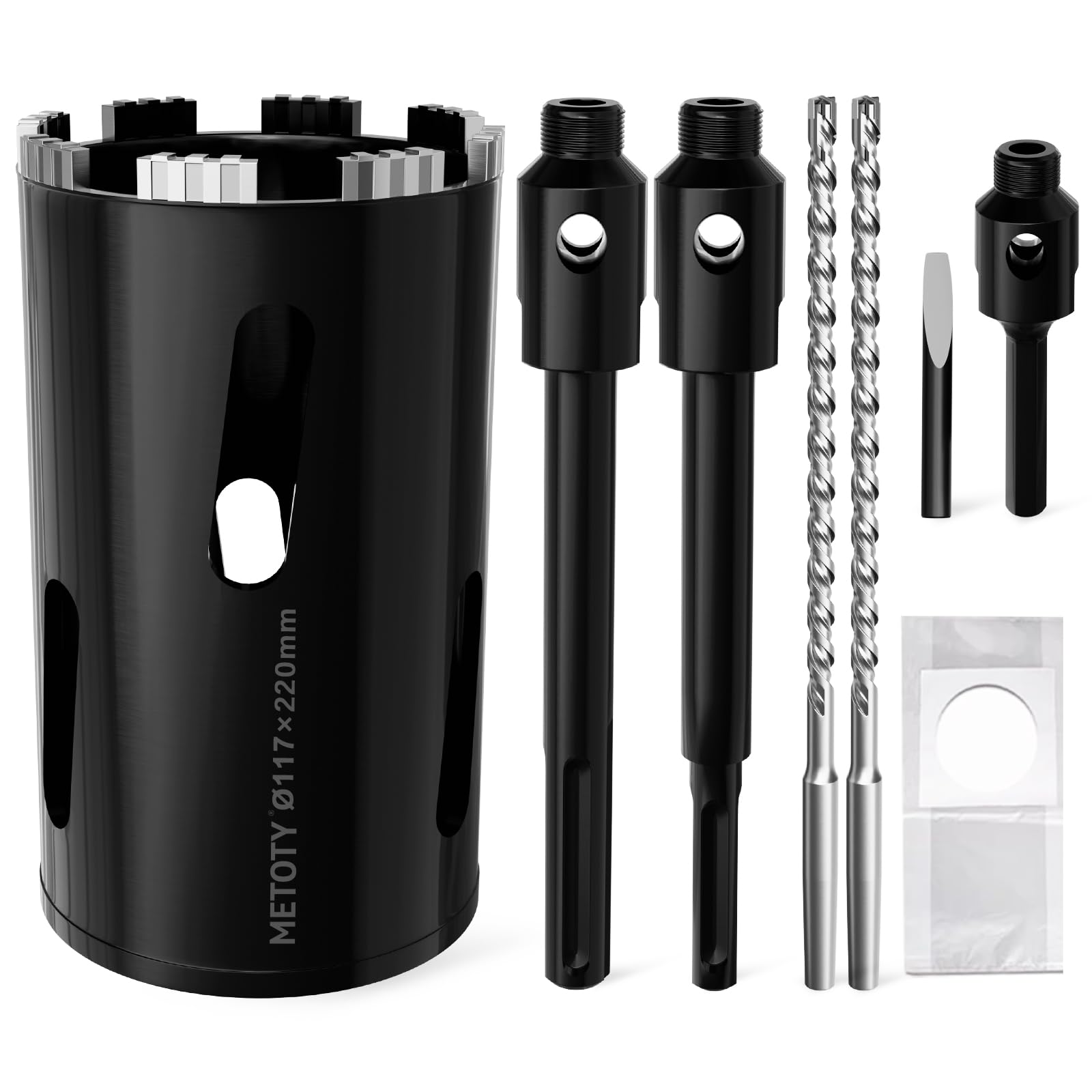 METOTY 117 mm Diamond Drill Bit, Socket Drill, Crown Drill, with Sds Plus Shaft 220 mm, Sds Max 220 mm, Hex Shank 110 mm Centre Drill 10 x 240 mm for Concrete, Solid Brick, Hollow Brick, Masonry etc.