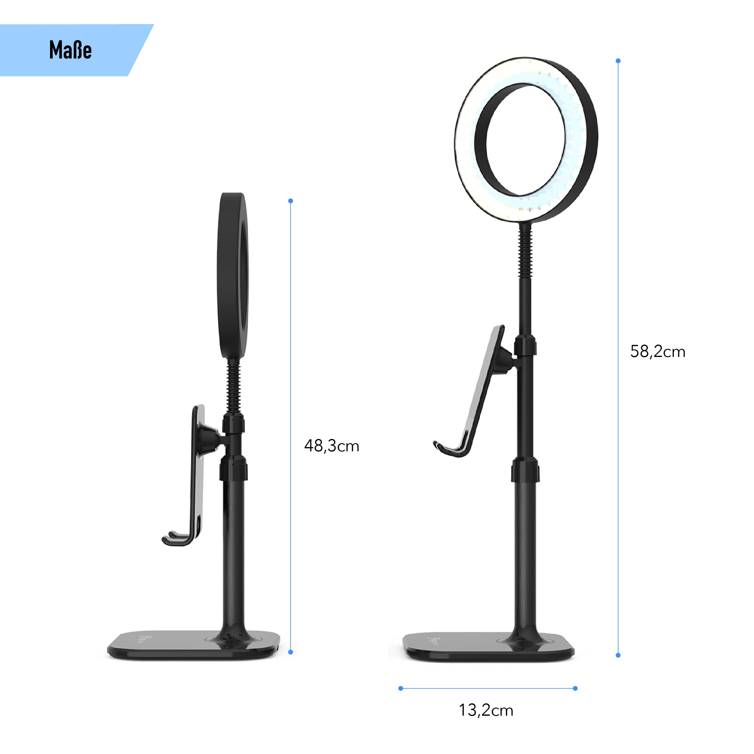 DigiPower LED Ringlicht Schreibtischlampe mit Smartphone- und Tablet-Halterung inkl. Akku, höhenverstellbar, für Videocalls am Arbeitsplatz und Home Schooling, schwarz, DP-WSH-PH6, weiß