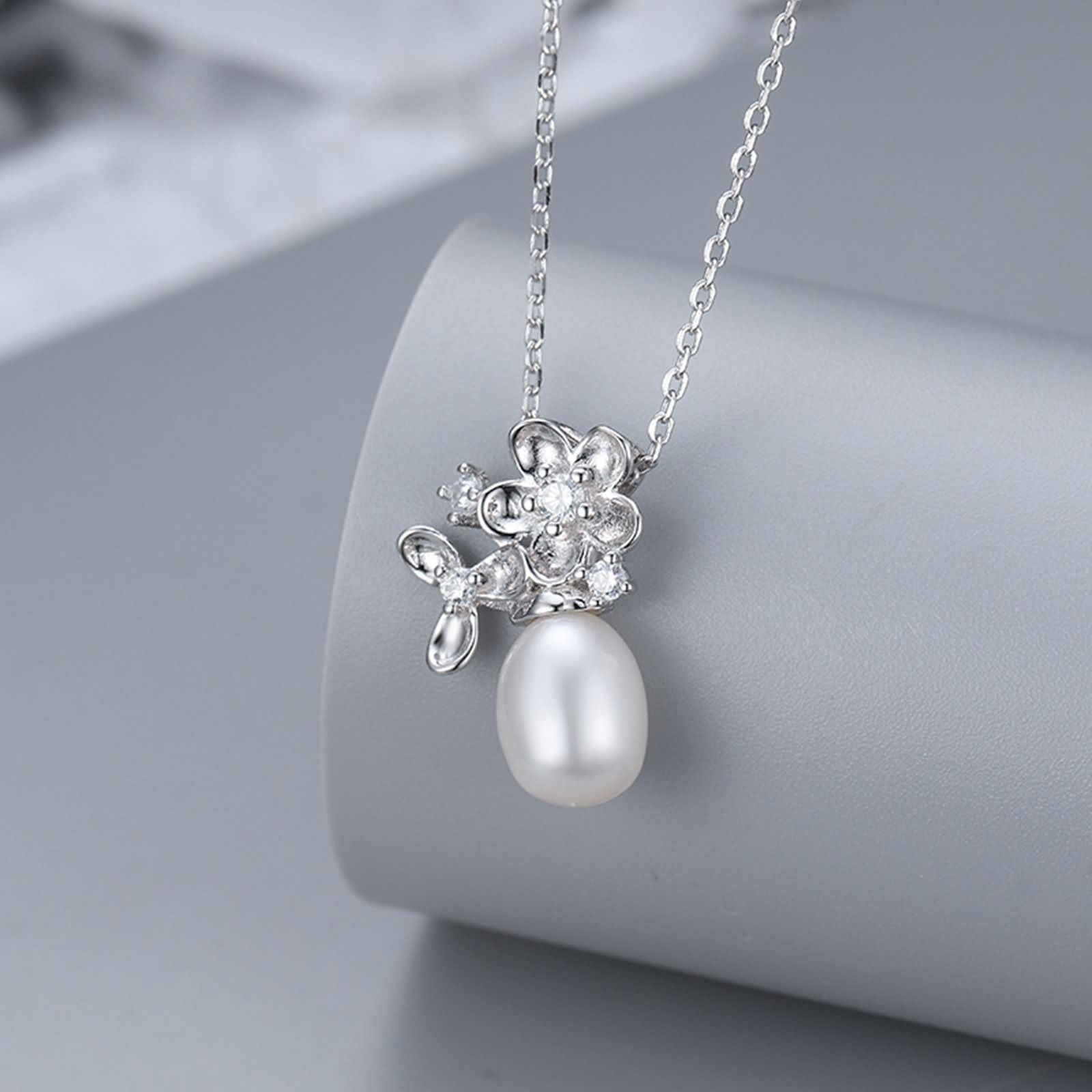 Donna Collana Argento,Catenella per Collana Argento Sterling 925 Donna Fiore e Perla 7x9MM Collana Argento