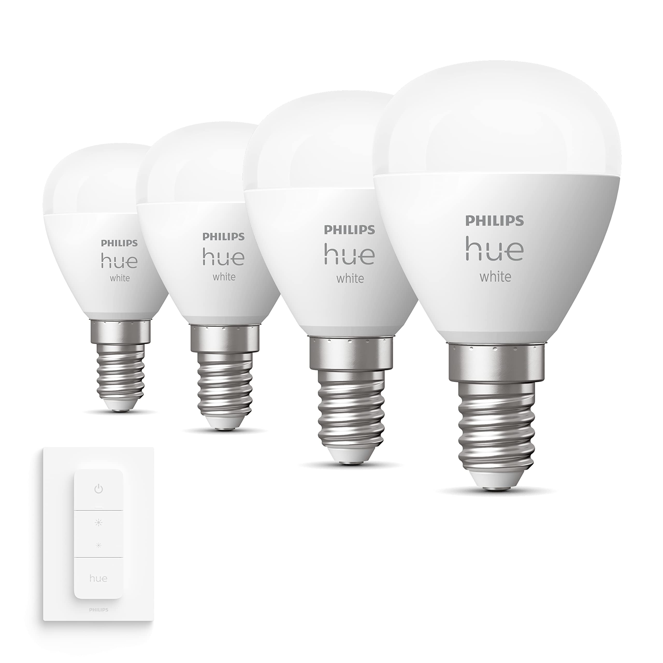 Philips Hue Pacchetto vantaggio - E14 - con 4 Lampadine LED a Sfera - Luce bianca calda - Include Hue Interruttore Dimmer - Hue White