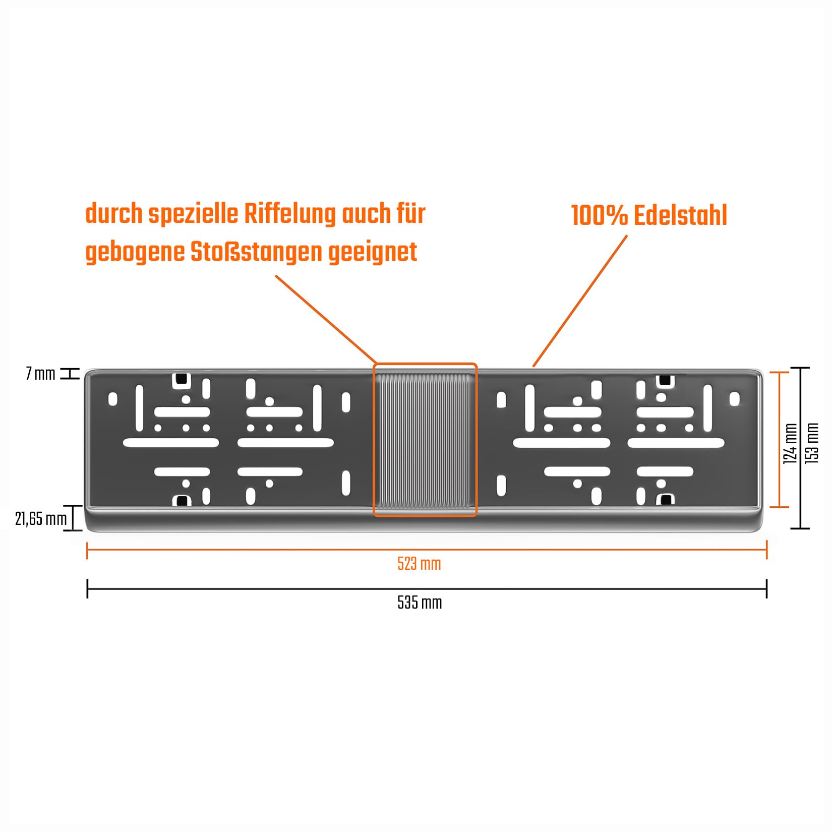 Kennzeichenhalter Österreich Edelstahl Nummernschildhalterung für Kennzeichen 520x120mm auch auch passend für Gebogene Stoßstangen - Wechselkennzeichen - ÖSTERREICH - Bessere Handhabung