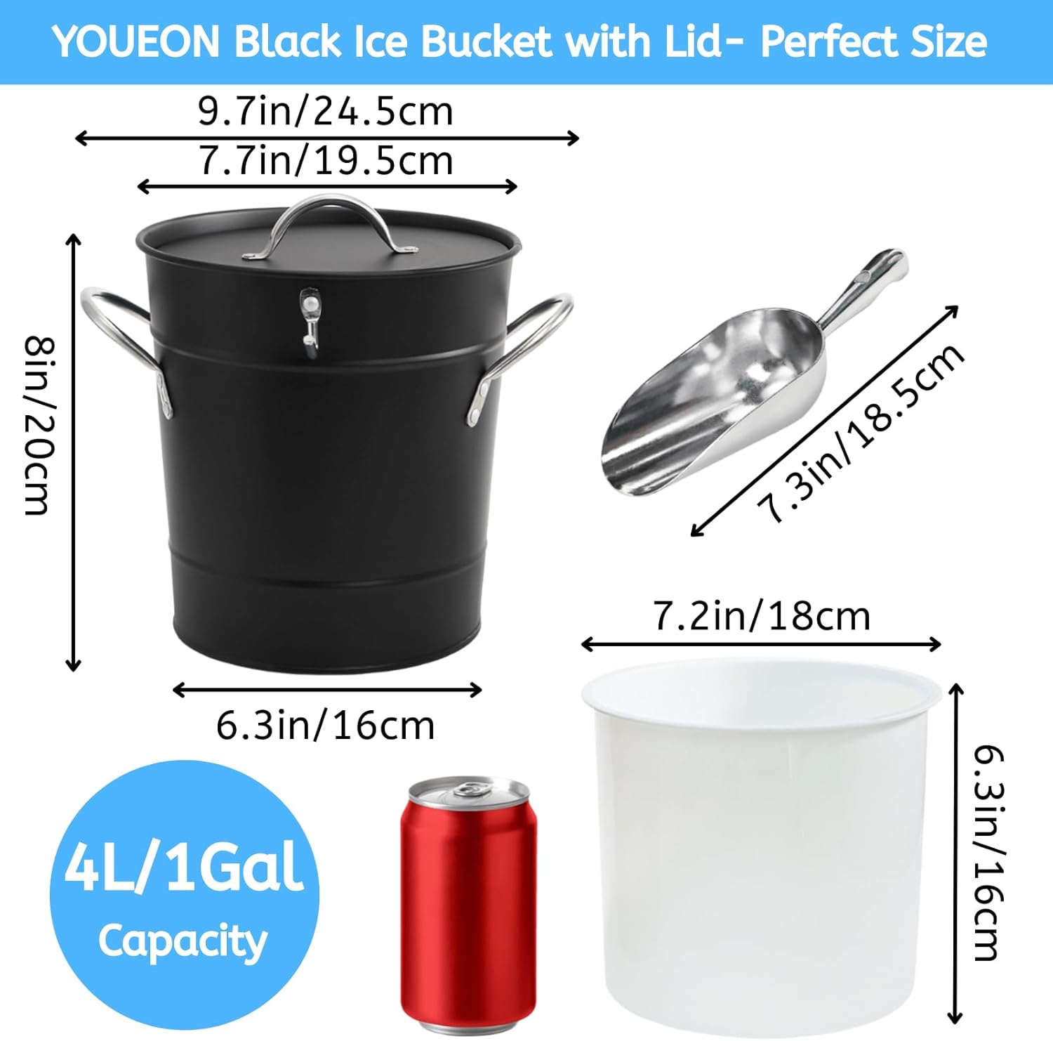 YOUEON 4L Ice Bucket with Scoop and Lid, Double Walled Insulated Wine Bucket Chiller with Carry Handles, Beverage Tub for Cocktail Party, Camping, BBQ, Indoor & Outdoor Use, Black