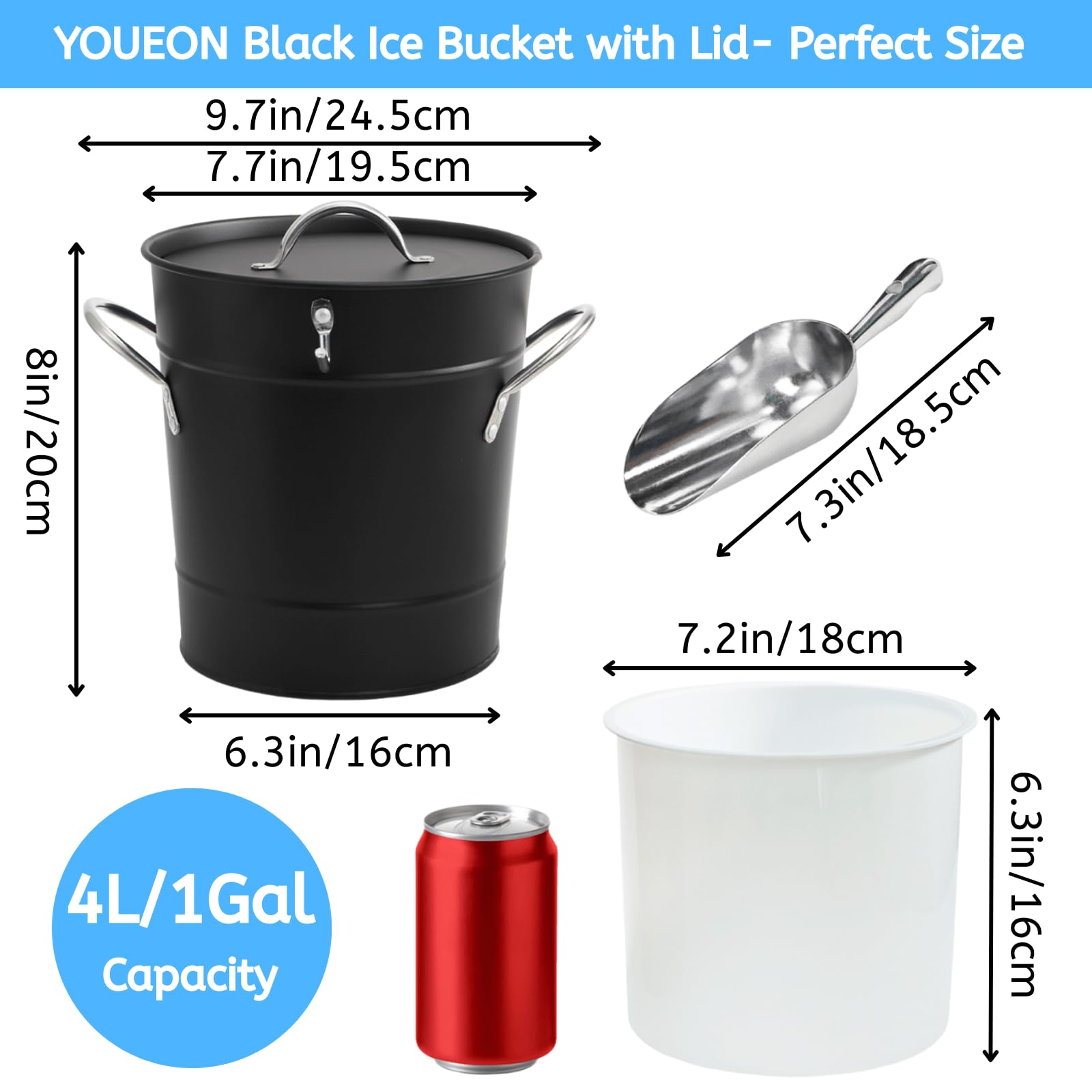 Cubo de hielo de 4L con cuchara y tapa, enfriador de cubo de vino de doble pared con asas de transporte, bañera de bebidas para cóctel, campamento, barbacoa, uso en interiores y exteriores 2