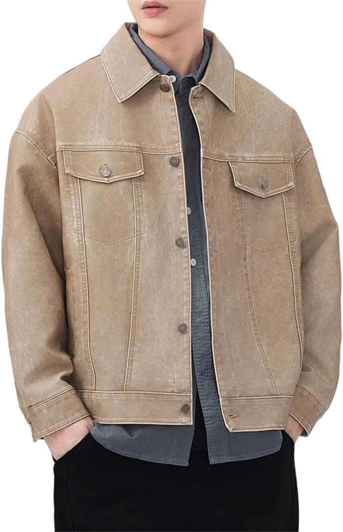 Men's Japanese Leather Jacket Casual Solid Button Coat Spring Fall Motorcycle Outwear