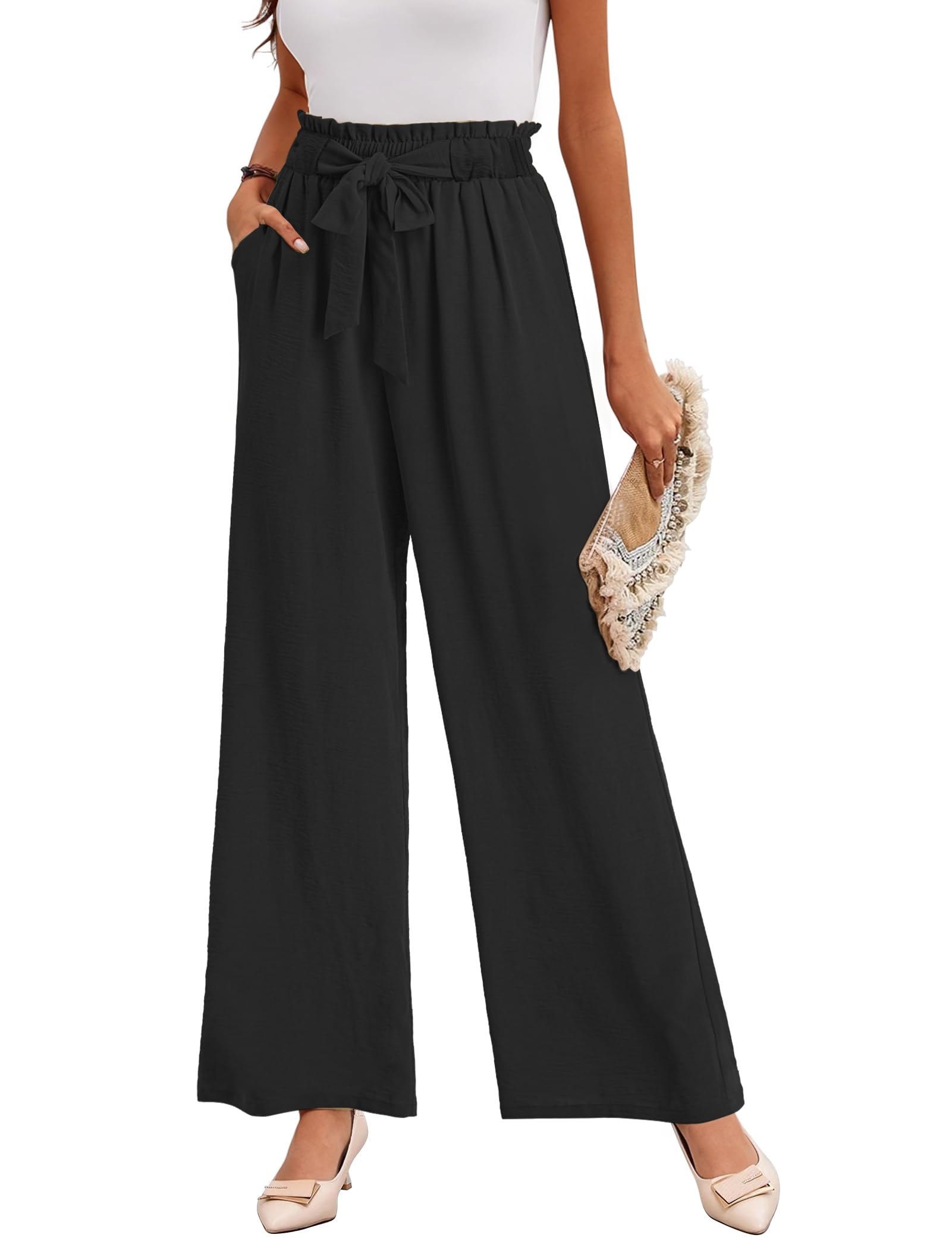 Buauty Wide Leg Palazzo Pants Woman with Pockets High Waist Pant Adjustable Knot Loose Trousers Business Casual Work