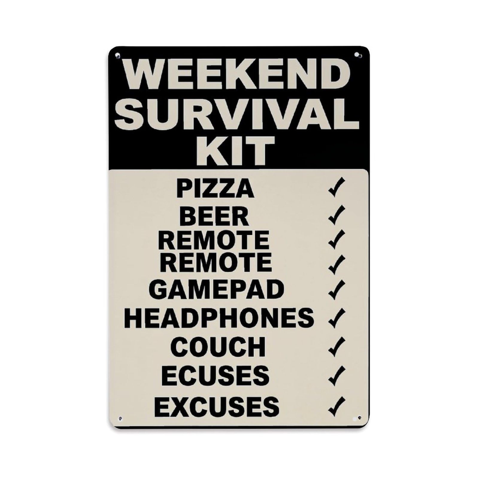 Weekend Survival Kit List Items Vintage Tin Sign Retro Metal Wall Decor Metal Poster, Home Bar Garage Farmhouse Cafe Wall Art Decoration 8x12Inches