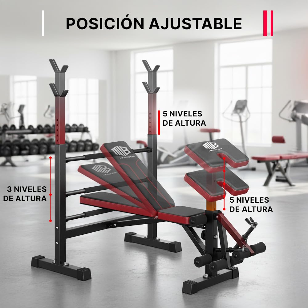 ManiBoom Banco de Musculación PLEGABLE y AJUSTABLE – Banco de Pesas Multifuncional con Soporte para Barra, Carga Máxima 300 kg y Banco de Abdominales Estable para Entrenar en Casa