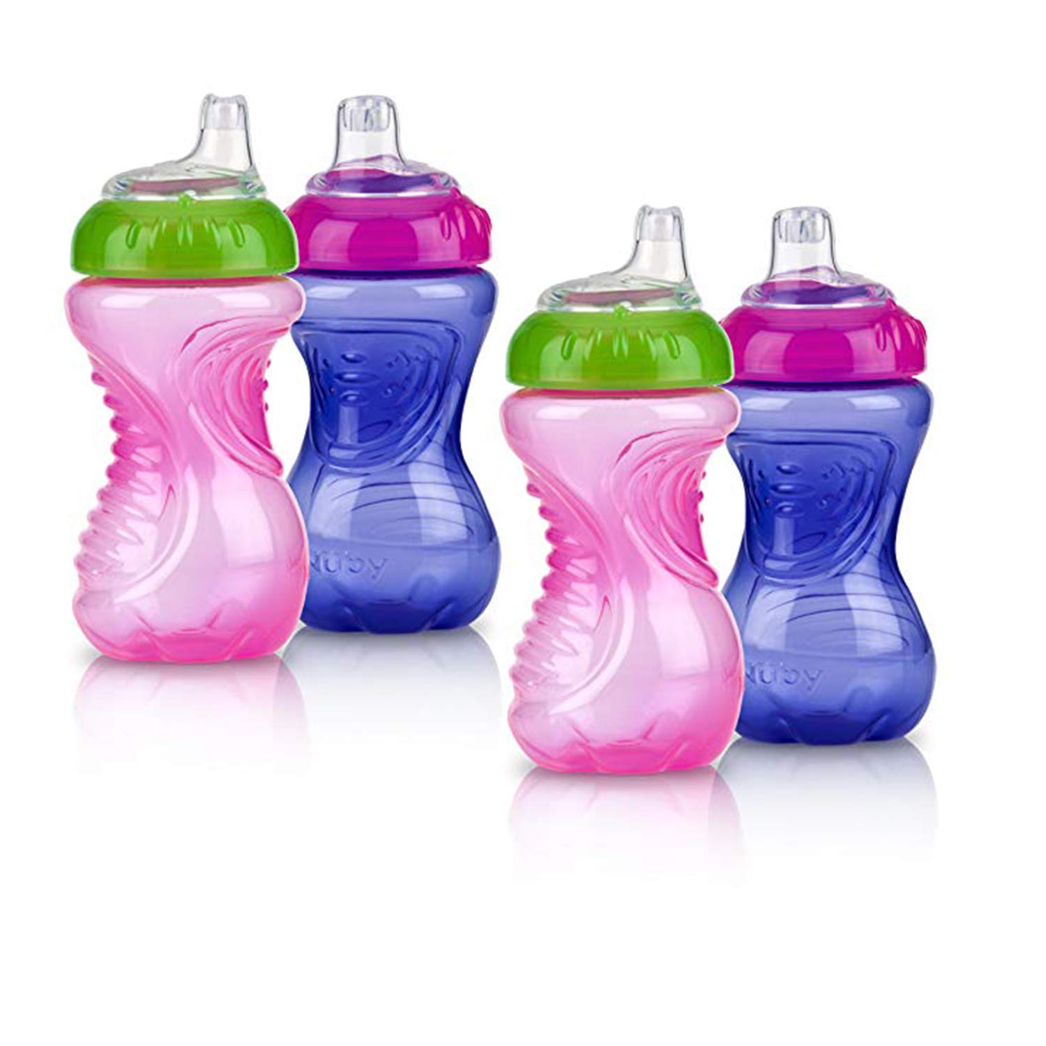 Nuby 4 vasos de entrenamiento antiderrames de fácil agarre, 10 onzas, rosa/morado