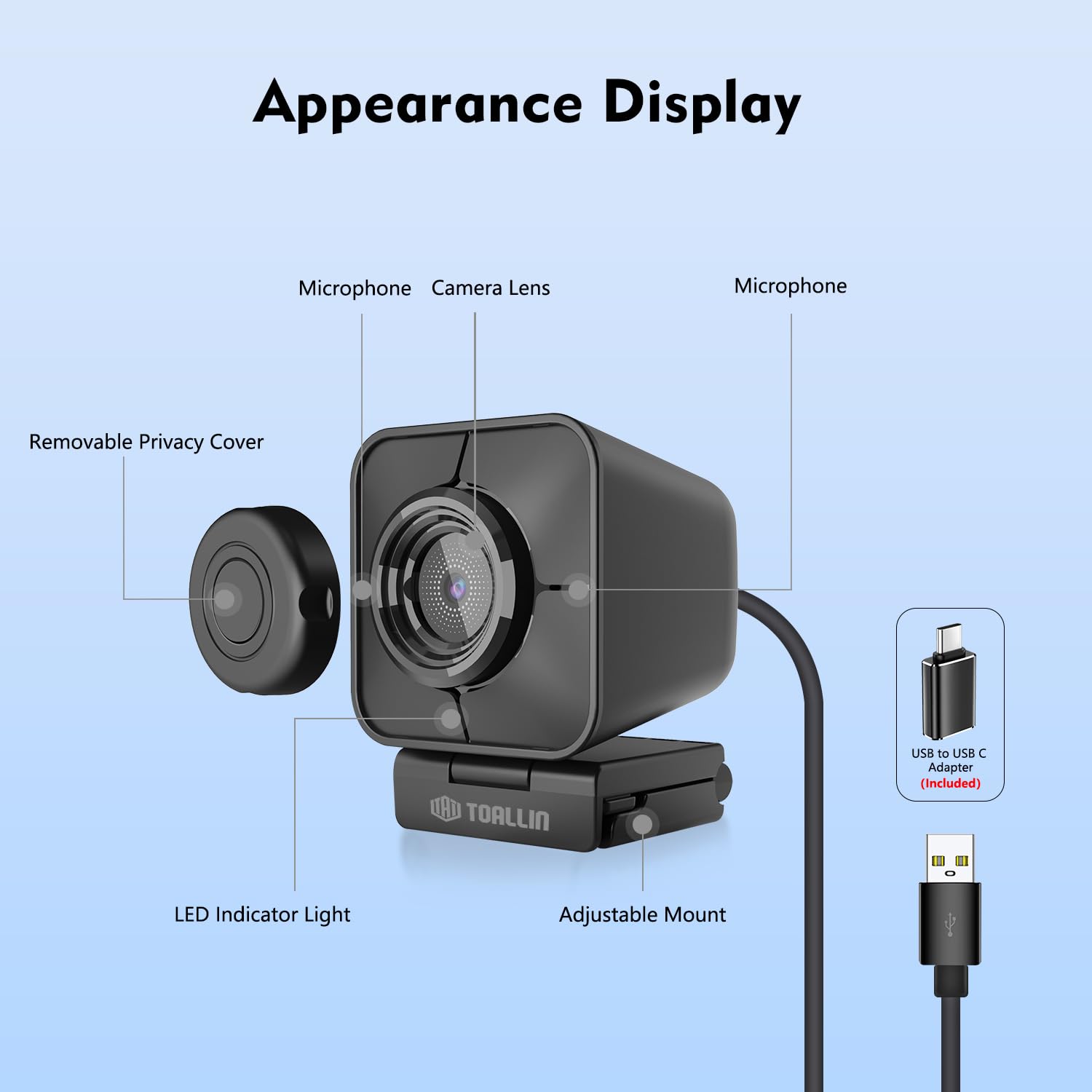TOALLIN Cámara web 4K para transmisión, control remoto, sensor de 1/2.5 pulgadas y 12 MP, enfoque automático PDAF, micrófonos dobles de reducción de ruido, zoom digital 5X y espejo de imagen, cámara
